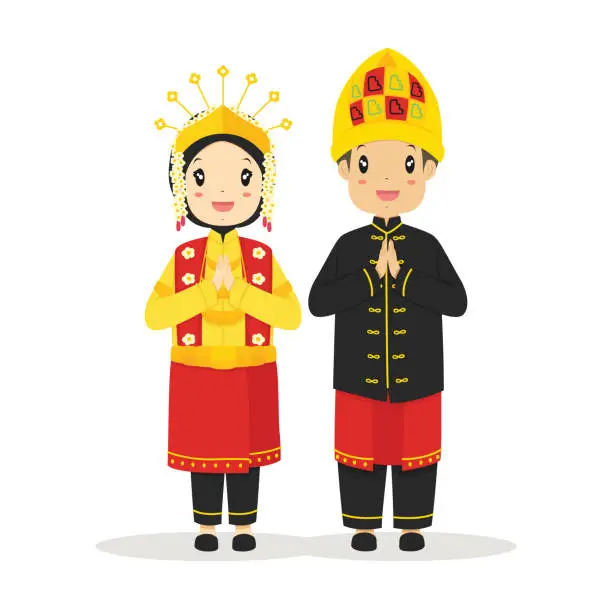 Vector illustration of Cute Couple Wearing Aceh, Indonesia Traditional Dress Vector