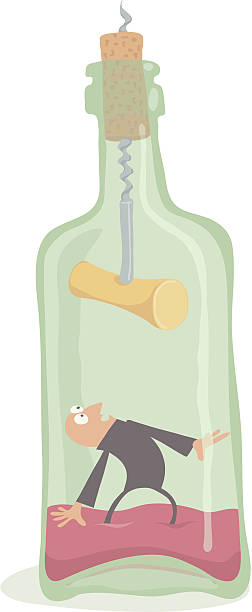 He Have to Find Salvation Itself Drunkard inside the bottle, editable vector EPS 8 file. cork puller stock illustrations