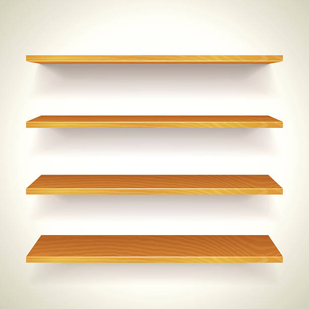 Four wooden bookshelves on one another attached to a wall vector art illustration