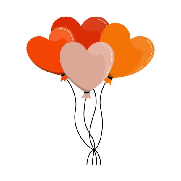 Vector illustration of Heart shaped balloons. Four Colored balloons in flat style set. Vector