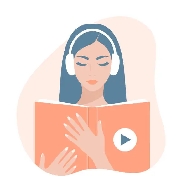 Vector illustration of A woman listening to an audiobook. A young woman in headphones holding an open book. Flat vector illustration