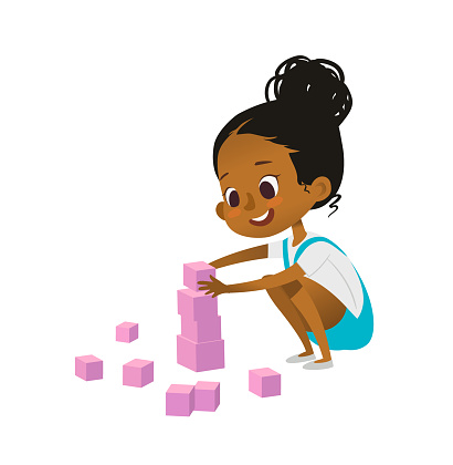 A black preschool girl squats and plays with pink blocks and builds a tower of pink blocks. Concept of Montessori materials. Vector illustration for poster, banner, website, flyer, advertisement.