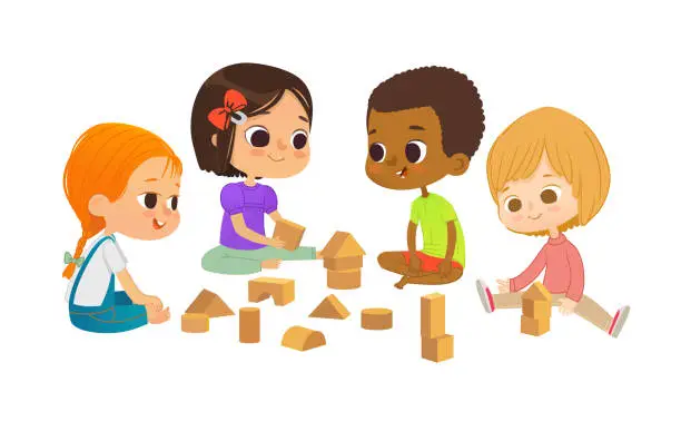 Vector illustration of Smiling multicultural kids sit on floor in circle, play with toy cubes and talk. Children's entertainment, preschool and kindergarten activity concept. Vector illustration for website, banner, poster.