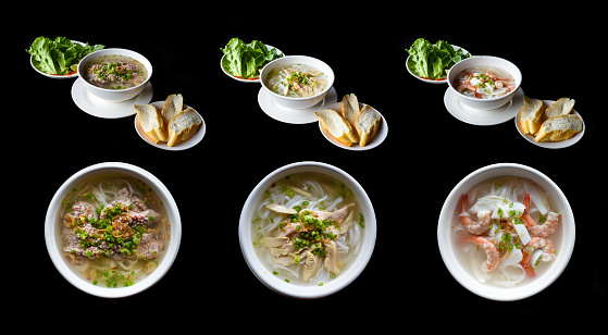 Set or collage of vietnamese traditional soups Pho with chicken, seafood and beef (pho ga, pho bo, pho hai san)