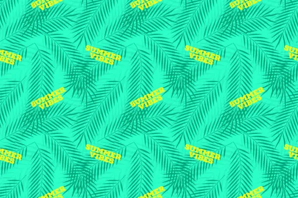 Vector illustration of Seamless pattern with summer vibes text and tropical palm leaves with shadows, editable stroke, vibrant green background