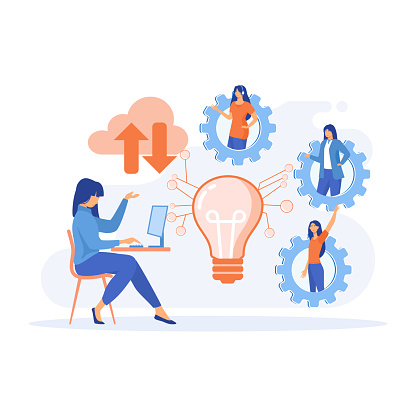 wireless computing service concept. Co working team of users connected by cloud computing and light bulb,flat vector modern illustration