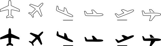 Airplane Icon Set: Vector Illustrations with Various Orientations Airplane Icon Set: Vector Illustrations with Various Orientations landing touching down stock illustrations