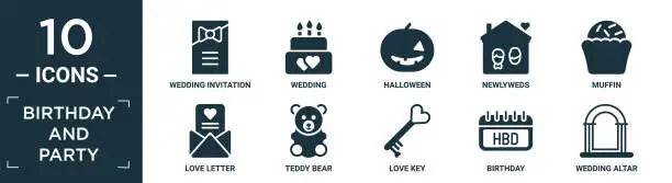 Vector illustration of filled birthday and party icon set. contain flat wedding invitation, wedding, halloween, newlyweds, muffin, love letter, teddy bear, love key, birthday, wedding altar icons in editable format..