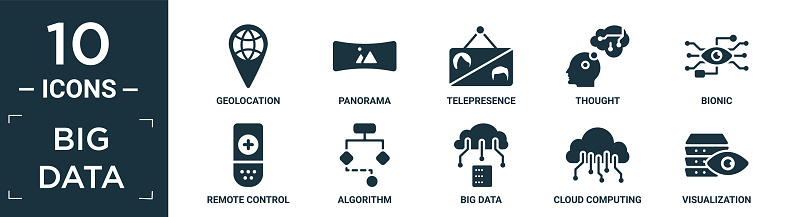 filled big data icon set. contain flat geolocation, panorama, telepresence, thought, bionic, remote control, algorithm, big data, cloud computing, visualization icons in editable format.