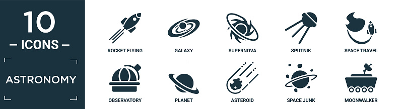 filled astronomy icon set. contain flat rocket flying, galaxy, supernova, sputnik, space travel, observatory, planet, asteroid, space junk, moonwalker icons in editable format.