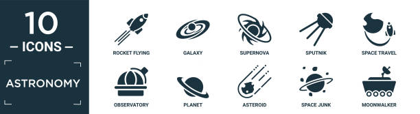 filled astronomy icon set. contain flat rocket flying, galaxy, supernova, sputnik, space travel, observatory, planet, asteroid, space junk, moonwalker icons in editable format.. filled astronomy icon set. contain flat rocket flying, galaxy, supernova, sputnik, space travel, observatory, planet, asteroid, space junk, moonwalker icons in editable format. supernova stock illustrations