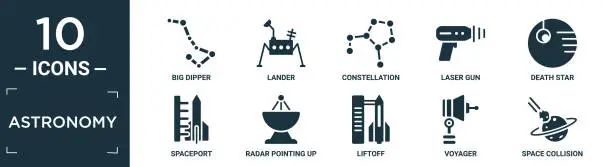 Vector illustration of filled astronomy icon set. contain flat big dipper, lander, constellation, laser gun, death star, spaceport, radar pointing up, liftoff, voyager, space collision icons in editable format..