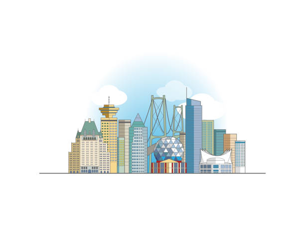 Vancouver coloured cityscape line art style vector illustration Vancouver coloured cityscape line art style vector illustration vancouver financial district stock illustrations