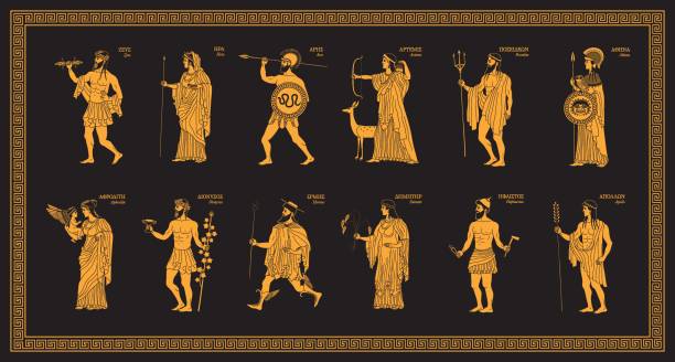 Twelve Olympians Vector illustration of the twelve Olympian gods form Greek mythology artemis greek god stock illustrations