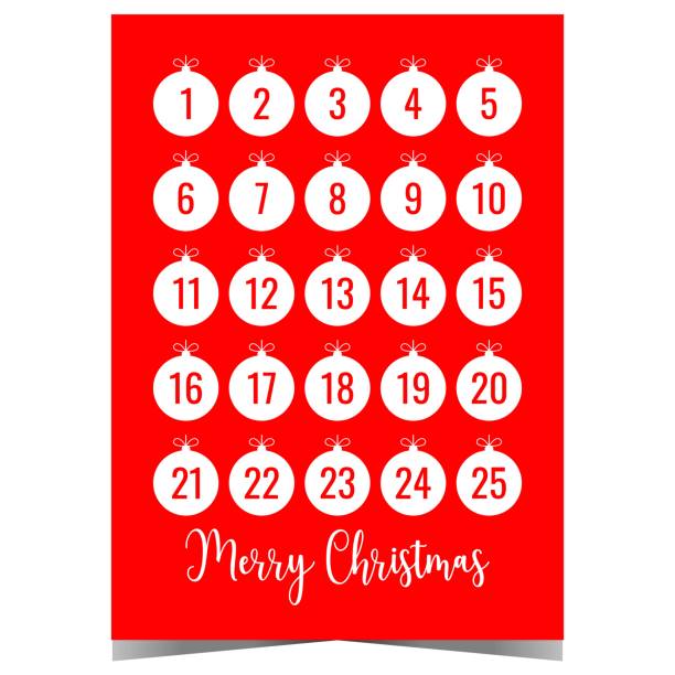 istock Christmas Advent calendar with Christmas tree decoration balls on red background. 1578544360