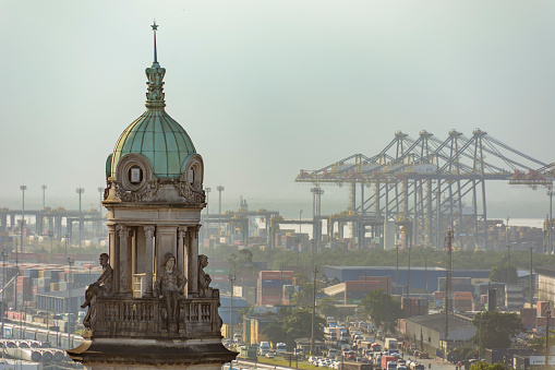 Santos city, Brazil, December 1, 2014: Panoramic view of the city's port area highlighting the old clock tower of the coffee exchange building.