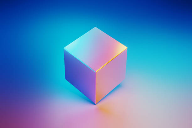 Metallic cube object illuminated by blue and pink lights on blue and pink background. Horizontal composition with copy space.