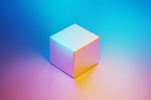 istock Metallic Cube Object Illuminated By Blue And Pink Lights On Blue And Pink Background 1578548078