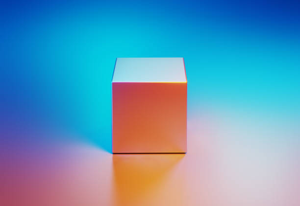 istock Metallic Cube Object Illuminated By Blue And Pink Lights On Blue And Pink Background 1578548104