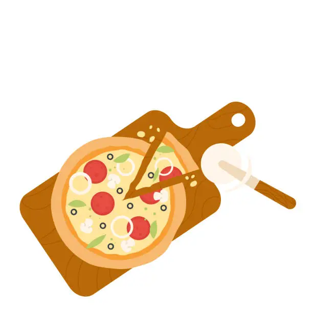 Vector illustration of Sliced pizza on board