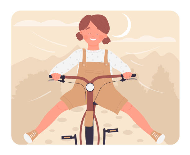ilustraciones, imágenes clip art, dibujos animados e iconos de stock de chica emocionada montando en bicicleta - super moon