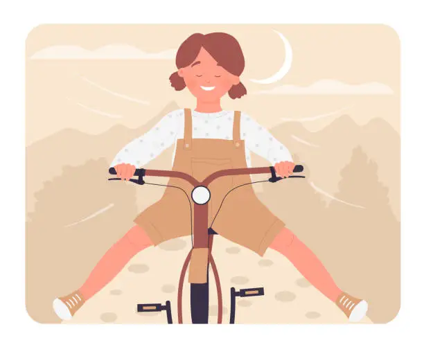 Vector illustration of Excited girl riding bicycle