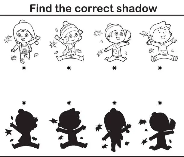 Vector illustration of Educational game for children. Find the right shadow. Kids Playing with Falling Leaves in Autumn