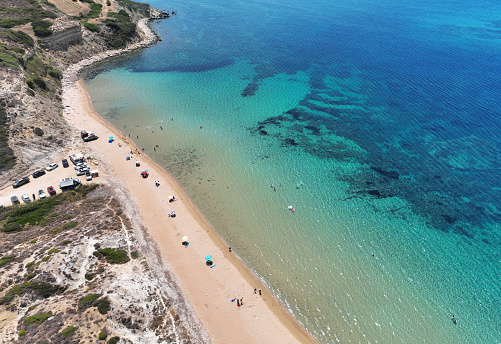 Aerial shot of coastline of Bozcaada - Tenedos. Horizontal composition with copy space. Travel and vacation concept.