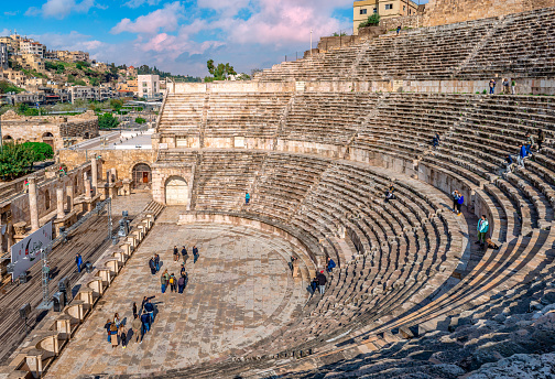 Amman, Jordan - April 13 2023: Panoramic high angle view of the Roman Theatre, located in the eastern part of the Jordanian capital.