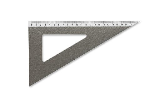 Metal triangle shaped ruler on white background. 3D rendering. Horizontal composition.