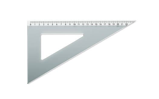 Gray triangle shaped ruler on white background. 3D rendering. Horizontal composition.