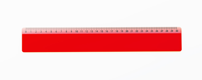 Red ruler on white background. 3D rendering. Horizontal composition.