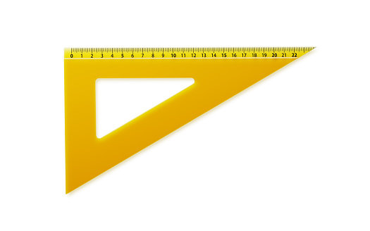 Yellow triangle shaped ruler on white background. 3D rendering. Horizontal composition.