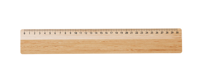 Wood ruler on white background. 3D rendering. Horizontal composition.