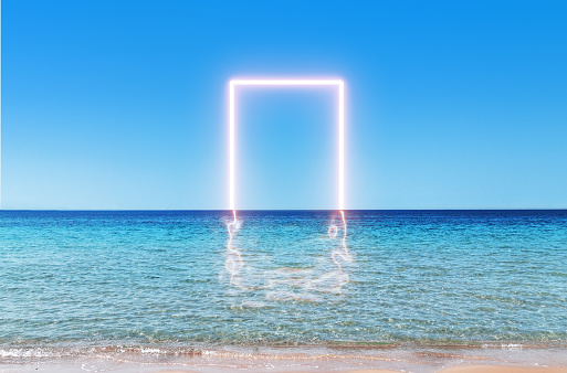 Glowing rectangle over sea. Horizontal composition with copy space.