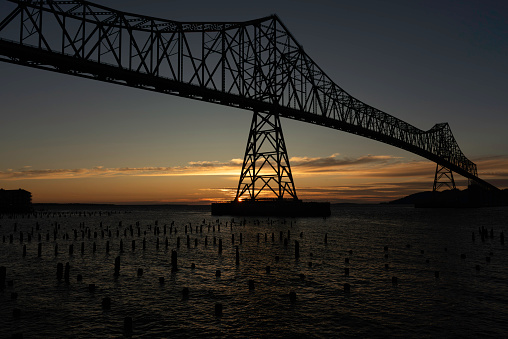 This is the Astoria-Megler Bridge in Astoria, Oregon, which sits at the mouth of the Columbia River where it meets the Pacific Ocean.  The picture was taken at sunset.