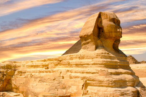 la gran esfinge de giza es una escultura de piedra caliza que presenta la esfinge, que tiene un cuerpo de león y una cabeza humana. - la esfinge fotografías e imágenes de stock