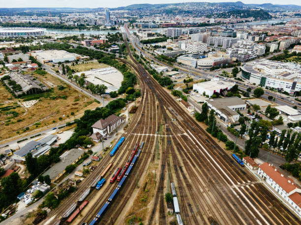 istock Aerial view of freight train station 1578593658