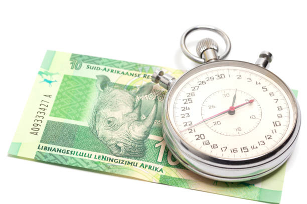 time is money concept, stopwatch on south african money 10 rand banknote. - ten rand note imagens e fotografias de stock