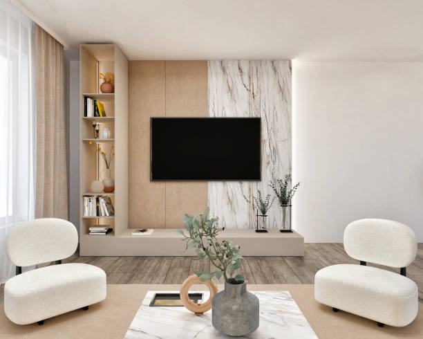 istock Modern living room with a TV on a cabinet 1578611065