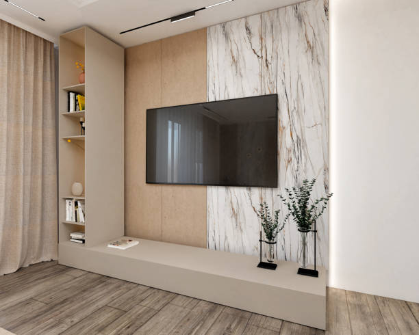 istock Modern living room with a TV on a cabinet 1578611083