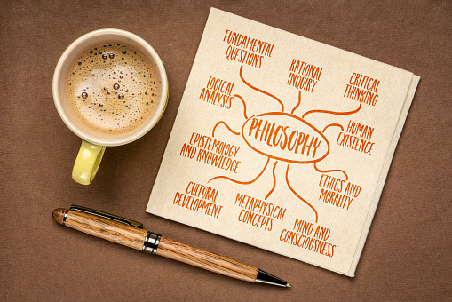 philosophy - infographics or mind map sketch on a napkin with coffee, educational concept