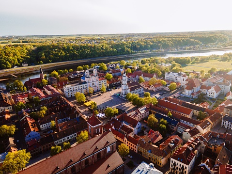 Aerial view of Kaunas Old Town, Lithuania, a historic district with beautiful buildings, streets, and attractions