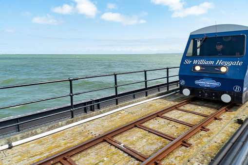 Railway on the pier in Southend, England, UK.  Southend has the longest entertainment pier in the world.