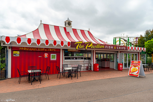 Fish and Chip shop in Southend, England, UK.  Southend has the longest entertainment pier in the world.