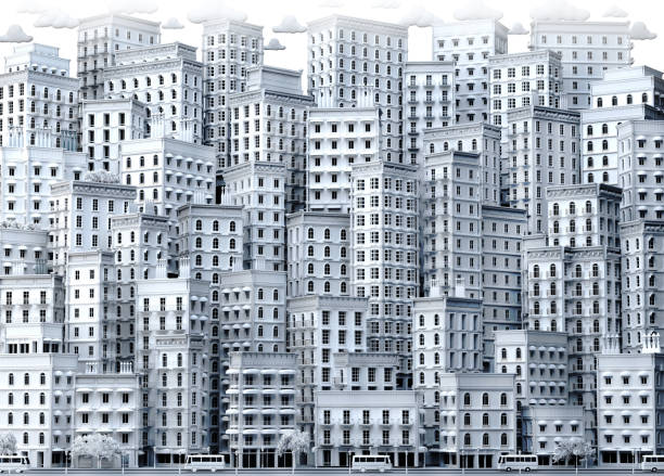 Background with beautiful city apartments buildings . 3D rendering illustration