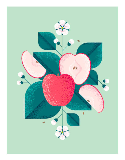葉と花を持つ熟した赤いリンゴ。粒子とノイズのテクスチャーを持つイラスト。 - apple orchard audio点のイラスト素材／クリップアート素材／マンガ素材／アイコン素材