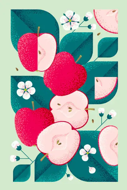 Vector illustration of Ripe red apples with leaves and flowers. Illustration with grain and noise texture.