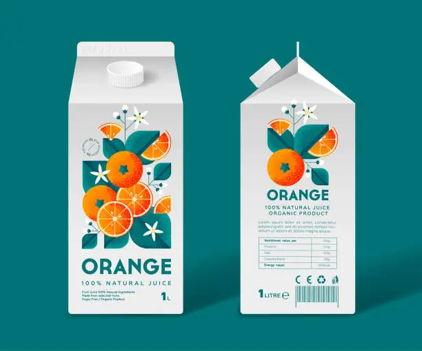 Vector illustration of Orange Juice packaging. Oranges with leaves and flowers. Grain and Noise Texture. Templates of Juice box.