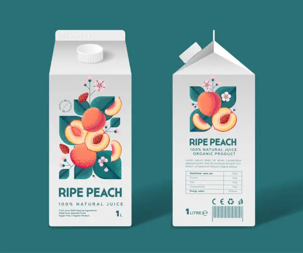 Vector illustration of Peach juice packaging. Peaches with leaves and flowers. Grain and Noise Texture. Templates of Juice box.